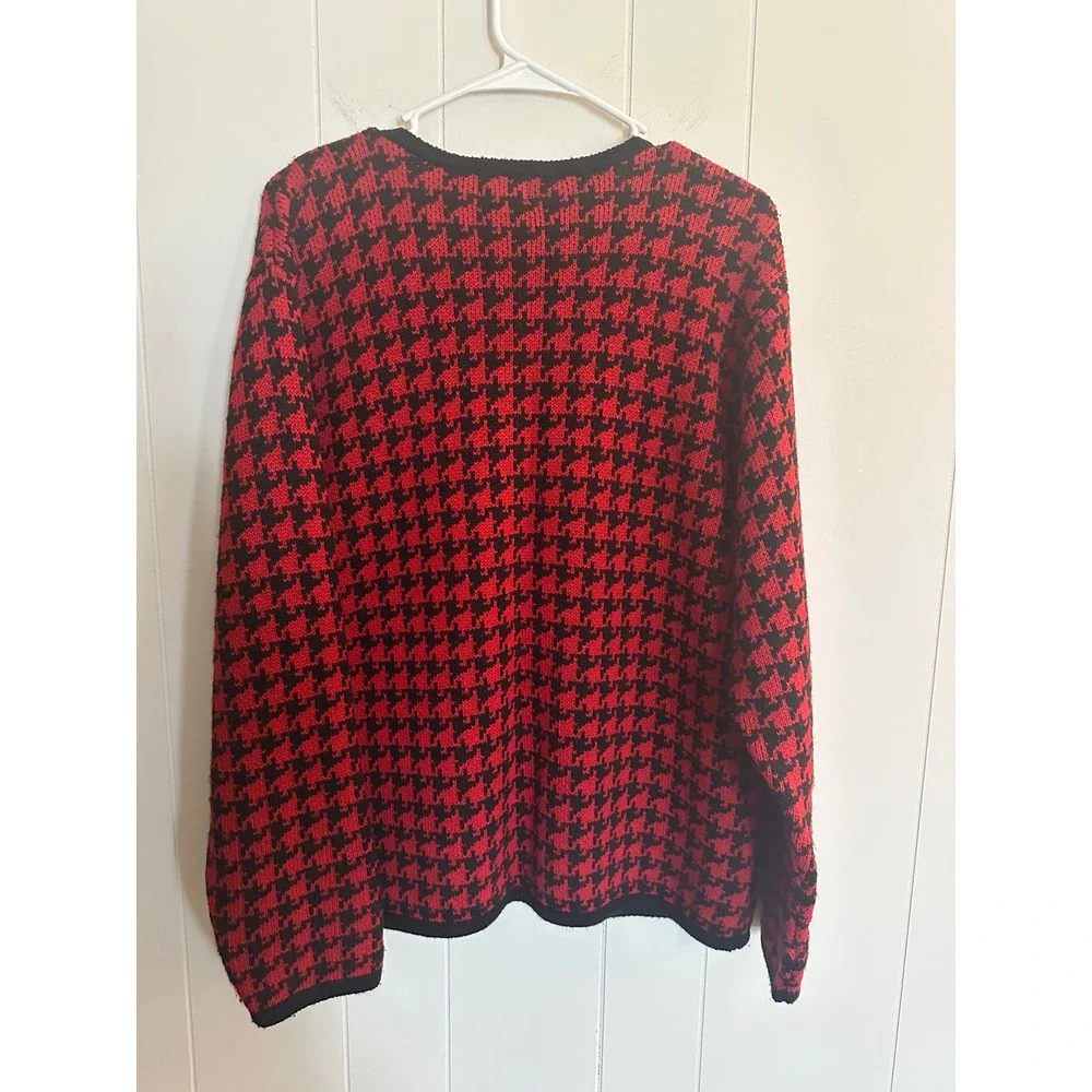 Liz Baker Womens Large Red Black Houndstooth Button Front Cardigan Sweater - Picture 2 of 7